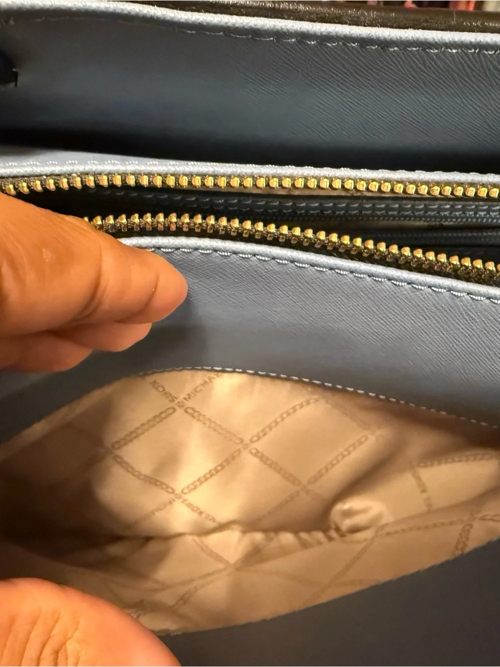 Michael Kors Light Blue and Black Dome Satchel with Gold Hardware